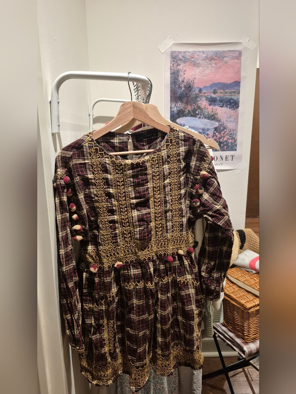 Zara Burgundy Plaid Embroidered Pom-Pom Tunic Dress